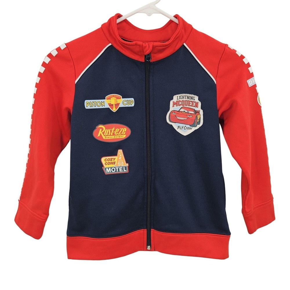 Disney Cars Lightning McQueen Jacket Boys M 5/6 Red Navy Full Zip Pit Crew